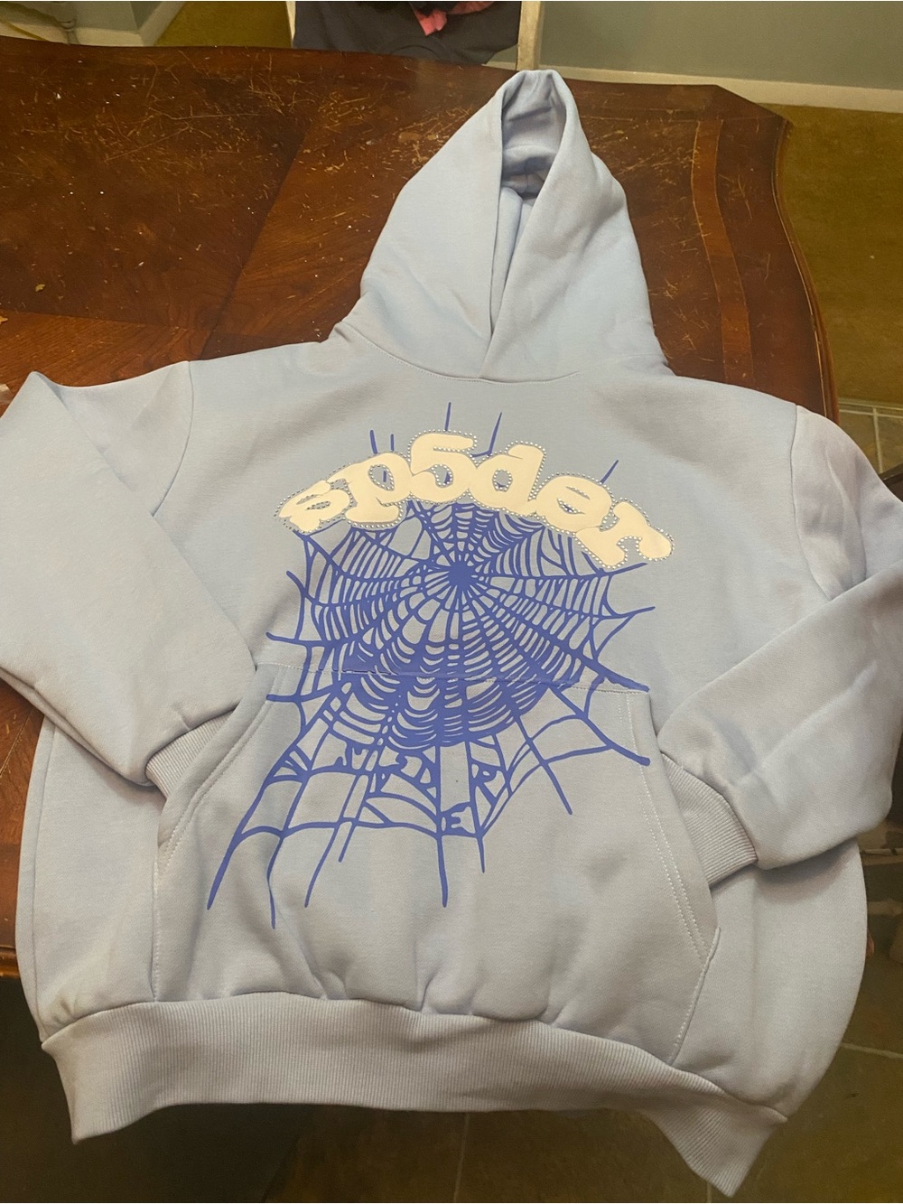 Men's Light Blue Crewneck Hoodie with Spiderweb Graphic